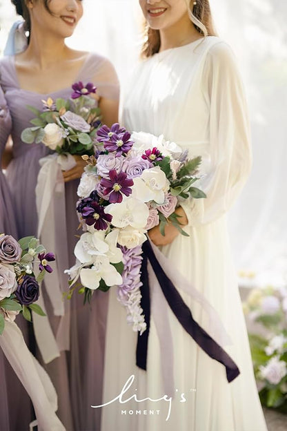 Ling's moment Purple Bridal Bouquet Cascading, Lilac Wedding Bouquets for Bride, 13 Inch Lavender Bride Artificial Flowers Bouquets
