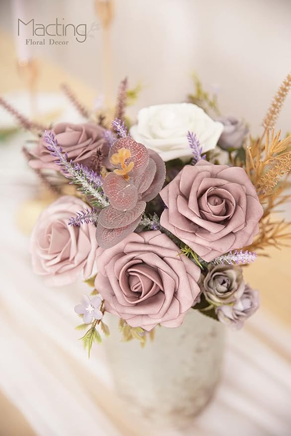 MACTING Artificial Rose Flowers 30PCS Real Touch Fake Flowers with Stem Soft Foam Roses for DIY Wedding Bouquets Table Centerpieces Baby Shower Party Spring Home Valentines Day Decor,Dusty Purple Pink