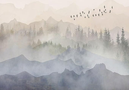 Foggy Forest Wallpaper Mural Bird Mountain Woodland Wall Murals for Bedroom Living Room (Not self-Adhesive)