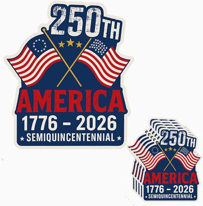 HANDICHI Design 5-Pack 5 Inch USA 250th Anniversary Stickers, Waterproof Patriotic Vinyl Decals with American Flag (1776–2026)