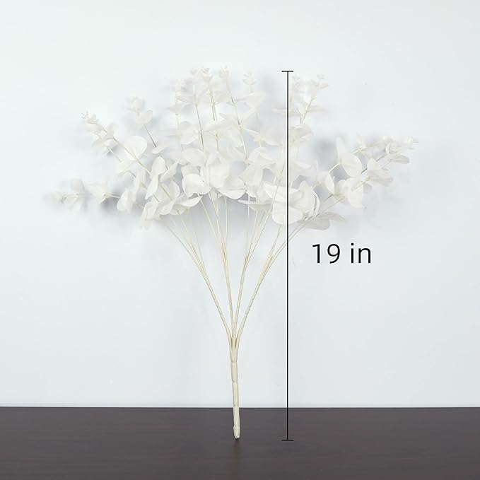 19" Faux Flowers Artificial Silk Silver Dollar Eucalyptus Stems Fake Plant for Vase Home Wedding Decor 3 Pcs (White)