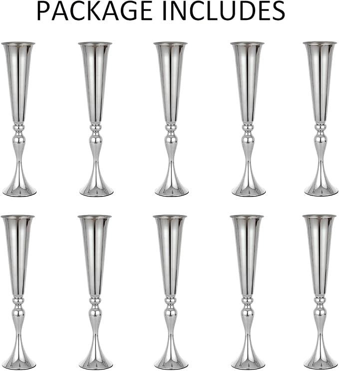 LoveCat 10pcs of Metal Trumpet Silver Vases for Table Centerpieces, Anniversary Celebration Wedding Party Dinner Table Centerpieces, Wedding Decorations, 21.9in/55.5cm Tall Minimalism Vases