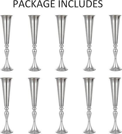 LoveCat 10pcs of Metal Trumpet Silver Vases for Table Centerpieces, Anniversary Celebration Wedding Party Dinner Table Centerpieces, Wedding Decorations, 21.9in/55.5cm Tall Minimalism Vases