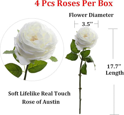YalzoneMet 3.5'' Big Bloom White Rose Artificial Flowers 4Pcs Real Touch Rose Faux 17.7 Inch Long Stem Austen Roses Peonies Fake Flowers for Home Kitchen Party Christmas Flower Wedding Decor
