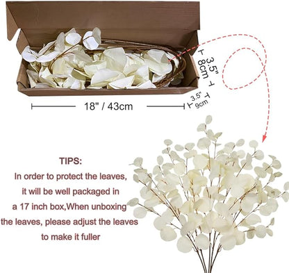 Cream White Eucalyptus Stems Fake Eucalyptu Leaves 34” Long Silver Dollar Leaves 5 Pcs Silk Eucalyptu Stems for DIY Bouquet Arrangements Centerpieces Shower Decorations-Artificial Eucalyptus Spray