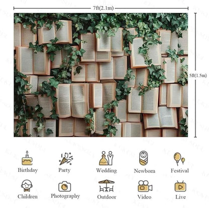 7x5ft Book Photo Backdrop Leaves Photography Background Book Vines Wallpaper Princess Birthday Party Cake Table Decorations Photoshoot KUBYW007