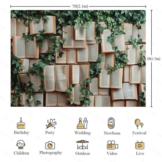 7x5ft Book Photo Backdrop Leaves Photography Background Book Vines Wallpaper Princess Birthday Party Cake Table Decorations Photoshoot KUBYW007