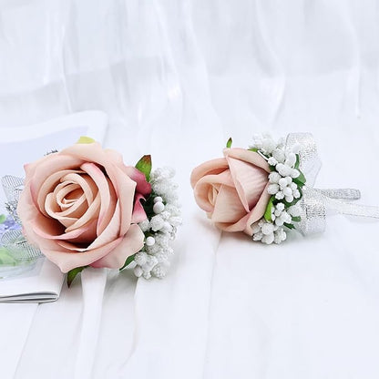 2Pcs Dust Pink Rose Corsage and Boutonniere Set, Artificial Wrist Corsage Wristlet Bracelets, Men Boutonniere for Wedding Anniversary Party Homecoming Flowers Accessories Prom Decor