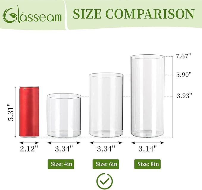 Glasseam Cylinder Vases for Centerpieces, Set of 6 Clear Glass Vases for Flowers, Modern Small Floating Candle Vase Decor, Decorative Hurricane Candle Holders for Home Wedding Table Decorations, 6in