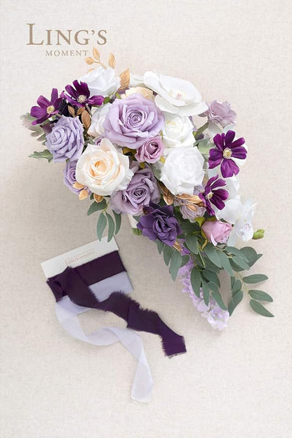 Ling's moment Purple Bridal Bouquet Cascading, Lilac Wedding Bouquets for Bride, 13 Inch Lavender Bride Artificial Flowers Bouquets