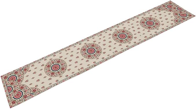 Bohemian Floral Table Runner, Vintage Ethnic Mandala Pink Flowers Boho Design Table Runner for Kitchen Dining Party Wedding, 13x108 Inch