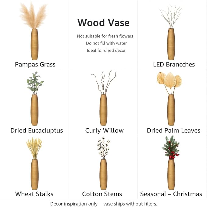 Leewadee Large Gold Home Decor Floor Vase - Wooden 26 inch Tall Farmhouse Decor Flower Holder for Fake Plant and Pampas Grass