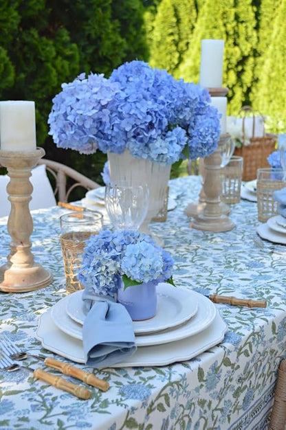 ATOSII Mahoka Blue 100% Cotton Round Tablecloth, Block Print Floral Table Cloth for Dining, Parties, Weddings, Outdoors, Holidays I 90" Inches, 6 Seater I Grandmillennial Farmhouse Boho Summer
