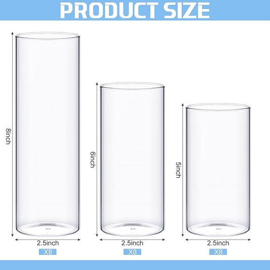 24 Pcs Thin Glass Cylinder Vases 2.5''/3.3'' Diameter 2mm Wall Thickness Clear Flowers Vase Hurricane Floating Candles Holders for Table Centerpieces Wedding Decor (2.5'' X 5'',6'',8'')