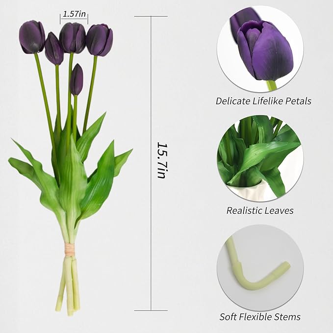 10 Pack Real Touch Tulips Artificial Flowers, 15.7 Inch Bendable Latex Tulips - No Maintenance Faux Flowers for Vase, Home Decor, Wedding Centerpiece (Purple)