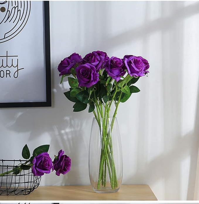 Laelfe 12 pcs Artificial Roses Flowers Long Stem Fake Silk Rose for Home Wendding Decorations (Purple)