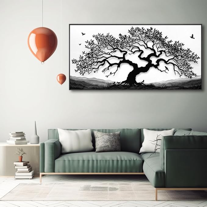 MooMel Wall Art Tree of Life White and Black Abstract Wall Art Canvas Painting for Living Room Bedroom Dining Room Home Office Decor Large Framed Ready to Hang 24"x48"