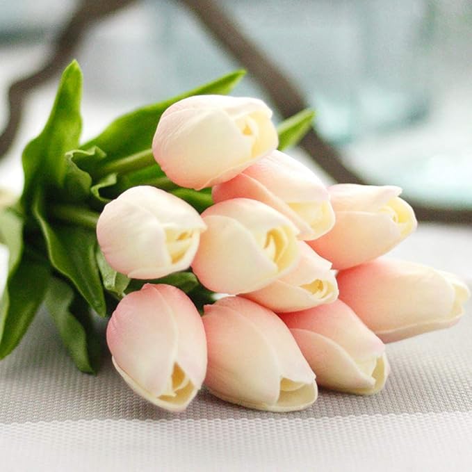 30pcs Artificial Tulips Flowers Real Touch Pink Tulips Fake Holland PU Tulip Bouquet Latex Flowers for Wedding Party Office Home Kitchen Decoration (Light Pink)