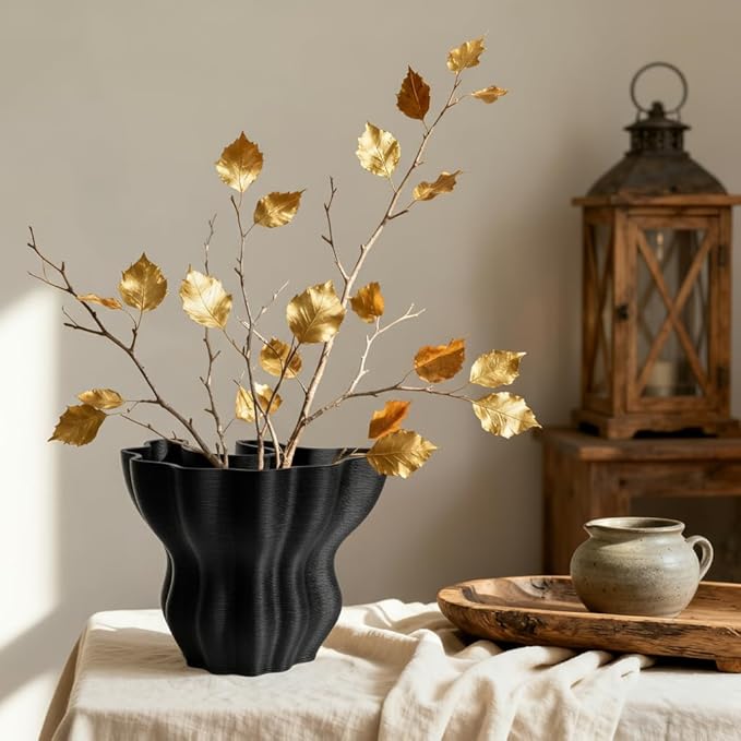 Contemporary Black Ceramic Vase, Abstract Irregular Shape Sculptural Accent for Home Decor, Modern Artistic Centerpiece for Coffee Table or Bookshelf