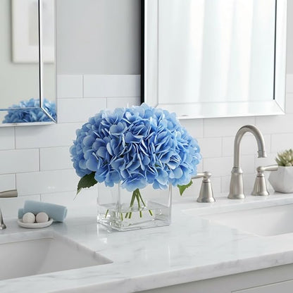 Blue Hydrangea Flowers in Vase, Silk Flowers in Vase with Faux Water for Home Decor Indoor, Wedding Table (Blue)