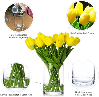 ENOVA FLORAL 20 Pieces Yellow Real Touch Tulips Artificial Flowers in Vase, Fake Tulips Arrangements with Vase and Faux Water for Home Wedding Decoration, Dining Table (Yellow)