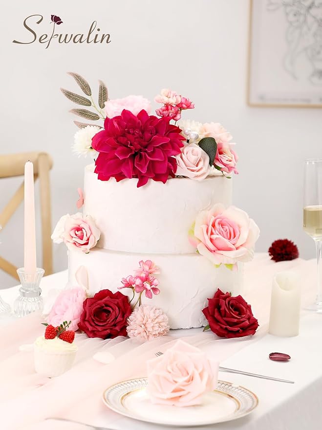 Serwalin Burgundy Hot Pink Artificial Flowers Silk Flowers Fake Cake Flowers Arrangements for DIY Wedding Bouquets Party Table Centerpieces Home Decorations Indoor Outdoor