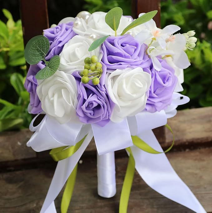 Lightweight Bridal Wedding Bouquet Round Holding Bouquet Throw Toss Artificial Rose Flower Bunch for Bride Bridesmaid Wedding Quinceanera (White & Mid Purple, 9.1")