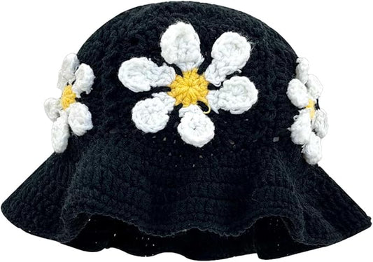 Crochet Bucket Hat for Women Flower Knit Hat Hollow Out Foldable Cap Hats