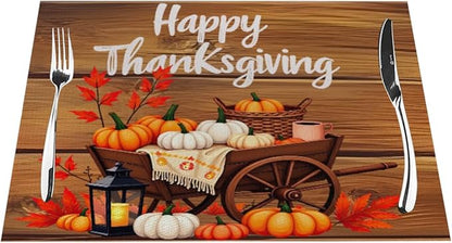 PVC Placemats Set of 4 Wipeable Table Mats Washable Heat Resistant Non Slip Vinyl Dining Table Mat for Kitchen Indoor Outdoor Patio Farmhouse Place Mats Thanksgiving Pumpkin Cart Decorative