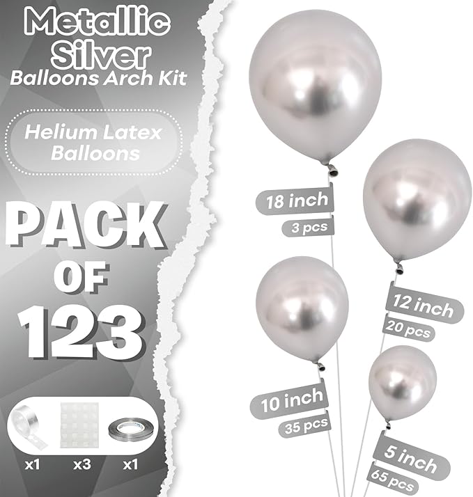 Togvu Metallic Silver Balloons Different Size, 123 Packs Silver Balloons Arch Kit, Pack of 18 12 10 5 Inch Chrome Silver Balloons Garland for Birthday, Graduation, Wedding, Anniversary Decoration