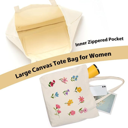 Aesthetic Floral Canvas Tote Bag for Women with Pocket, Tote Bags for Grocery Shopping Travel Christmas Birthday