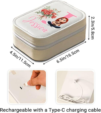 Wrappiness Women & Girls Floral Makeup Box With LED Mirror - Personalized Initial Letter and Birthmonth Flower Travel Comestic Case Gift for Daughters Sisters Friends Coworkers on Birthday Christmas