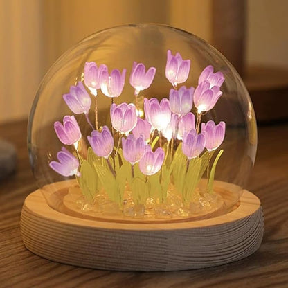 (20 Flower) Assembled Tulip Lamp Night Light with Glass Dome, Cool Handmade Artificial Flower Table Lamp Bedroom Desk Decoration for Women Girlfriend Sister Besties Birthday Christmas Gift (Purple)