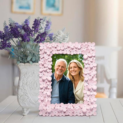 Hodao 4×6 Pink Floral Picture Frame — Handcrafted Textured Flower Picture Frame with Plastic Photo Cover & Built-In Easel for Tabletop Display, Decorative Home Décor, Nursery & Photo Keepsake