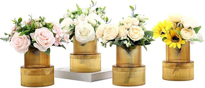 Ribbed Glass Vases, Set of 4 Small Vases for Flowers, Amber Glass Vase for Tulips, Modern Vase for Living Room, Kitchen, Office, Entryway, Bookshelf, Wedding Gifts, Birthday, 6 Inches