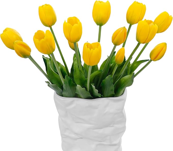 15 Pcs Yellow Artificial Flowers Tulips Real Touch Latex Plastic Soft Faux Bouquets for Party, Wedding, Home, Room, Garden Decor