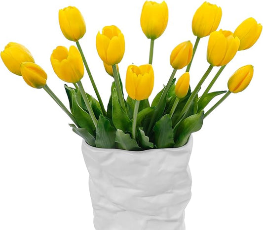 15 Pcs Yellow Artificial Flowers Tulips Real Touch Latex Plastic Soft Faux Bouquets for Party, Wedding, Home, Room, Garden Decor