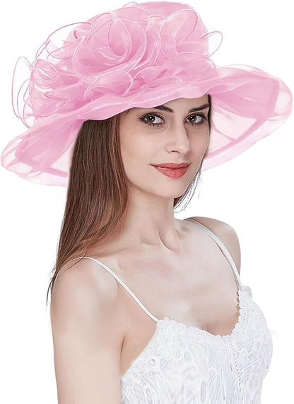 Organza Derby Hats for Women Wide Brim Fascinator Hat Rose Flower Wedding Tea Party Hat