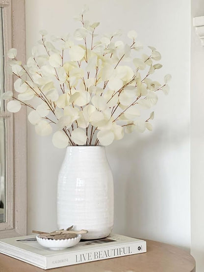 Cream White Eucalyptus Stems Fake Eucalyptu Leaves 34” Long Silver Dollar Leaves 5 Pcs Silk Eucalyptu Stems for DIY Bouquet Arrangements Centerpieces Shower Decorations-Artificial Eucalyptus Spray