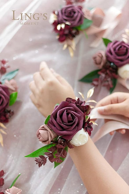 Ling's moment 2pcs Prom Wrist Corsage Artificial Flowers, Girl/Mother Corsages Wristlet Décor for Homecoming/Wedding/Anniversary, etc. Bungundy