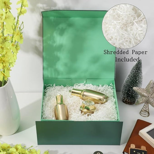 6 Pcs Green Gift Box Large 13x11x5.3 Inch Green Large Gift Box with Crinkle Paper Magnetic Box with Shredded Paper Luxury Gift Boxes with Lids for Presents