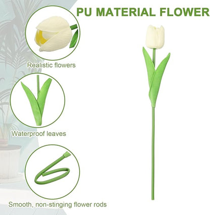uxcell 20pcs Tulips Artificial Flowers, Faux Flowers Silk Fake Tulip Stems Real Touch for Wedding Bouquet Centerpiece Table Party Decoration(Cream White)