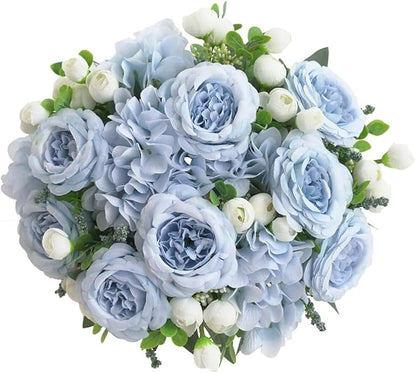 4 Bunches Peonies Artificial Flowers, Silk Peonies Flowers Fake Bouquet Faux Floral Arrangements for Centerpiece Table Wedding Party Home Decor (4, Blue White)