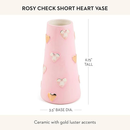 MACKENZIE-CHILDS Ceramic Heart Vase, Unique Flower-Vase Decor, Short, Pink-and-White Rosy Check