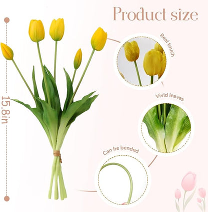 15Pcs Fake Tulips Artificial Flowers Real Touch Latex Bouquet Faux Tulips for Centerpiece Arrangements Wedding Party Home Décor (Yellow)