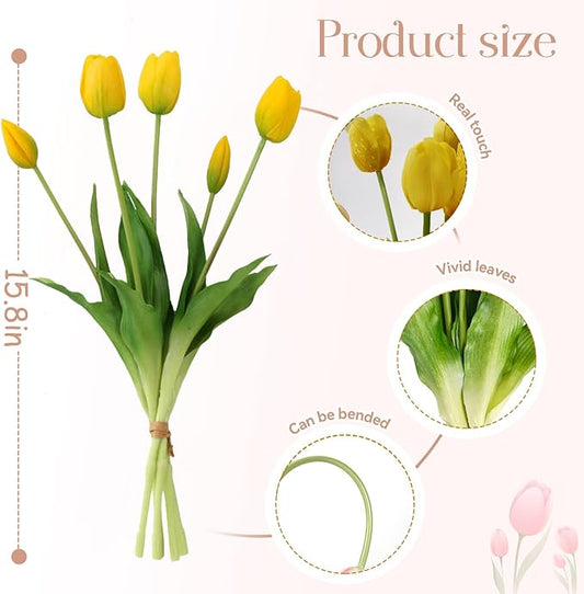 15Pcs Fake Tulips Artificial Flowers Real Touch Latex Bouquet Faux Tulips for Centerpiece Arrangements Wedding Party Home Décor (Yellow)