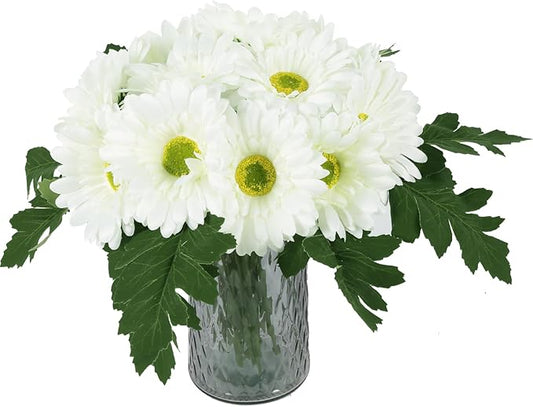 IPOPU 2 Bundles Artificial Gerbera Daisy Flower 14 Heads White Fake Chrysanthemums with Stems Faux Silk Daisy Flower for Wedding Bridal Bouquet Floral Arrangements Home Table Centerpiece Decor (White)