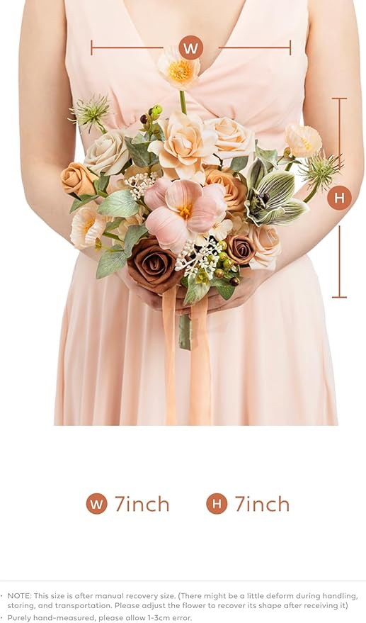 Ling's moment Artificial Flowers Apricot and Peach Bridesmaid Bouquet Set of 4, Peach Wedding Flowers Bouquets for Bridesmaids, 7 Inch Bridal Bouquets for Bridesmaids, Wedding, etc