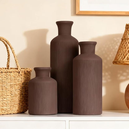 Brown Ceramic Vase Set of 3 – Small Flower Vases, Modern Farmhouse Boho Flower Vases for Home Decor, Rustic Pottery Vases for Centerpieces, Living Room, Shelf, Fireplace, Entryway Decor, Table