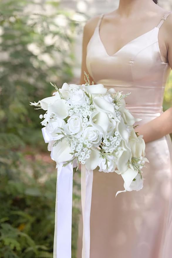 Bride Bouquets for Wedding,11 Inch White Calla Lily Cascading Bridal Bouquet Silk Flowers for Ceremony Anniversary Wedding Bridal Shower(Natural Whites)